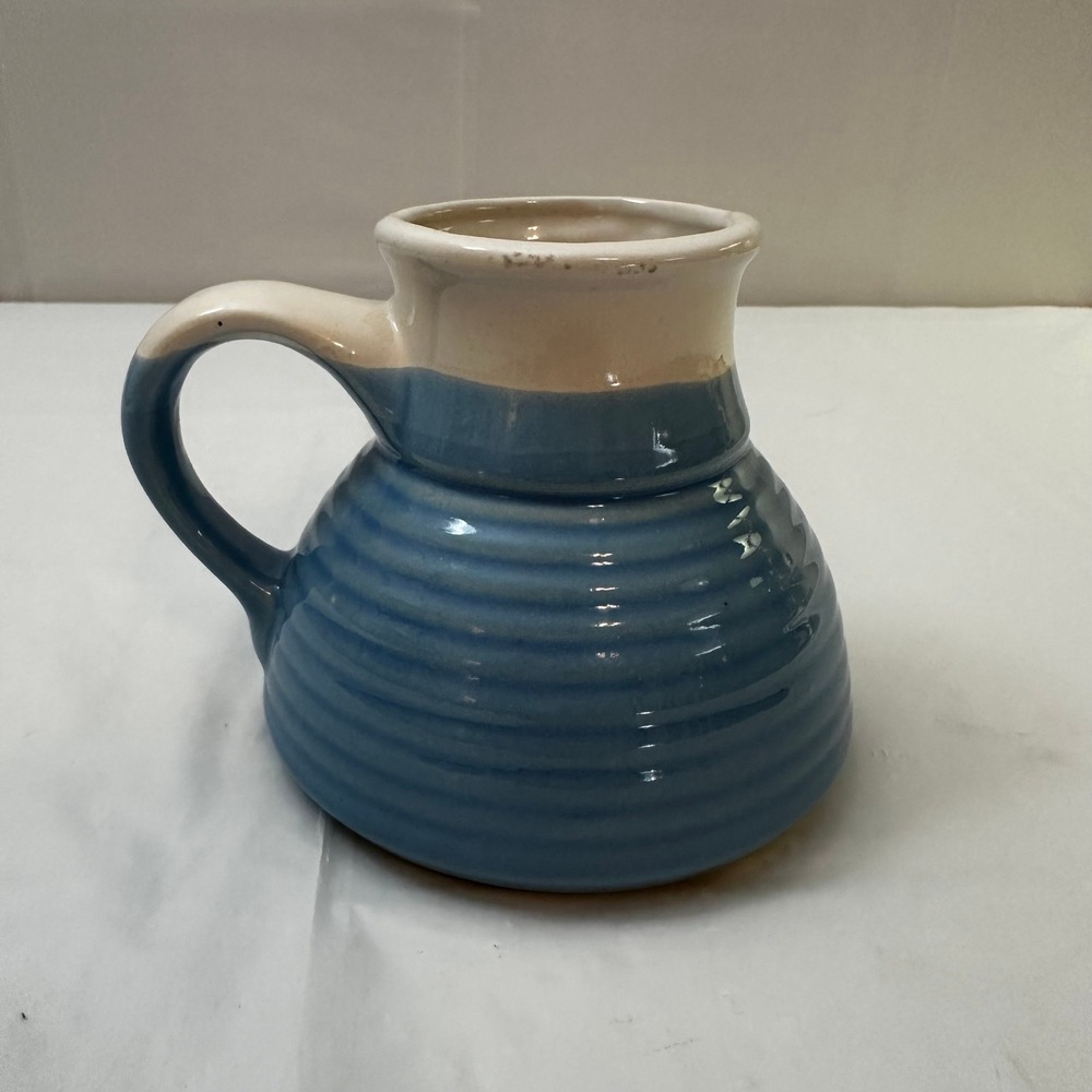 Blue Cream Ceramic‎ No-Tip Wide Base Travel Mug Ribbed Nautical Stoneware 4.5in